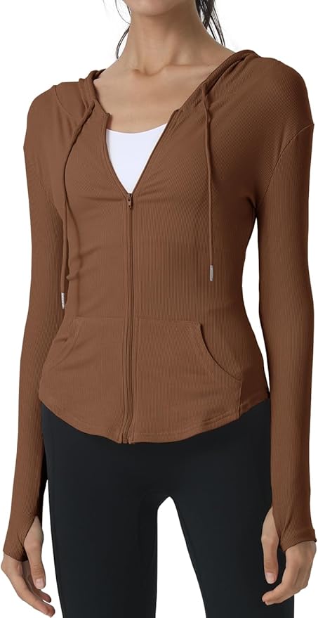 Locachy Womens Slim Fit Full Zip Hoodie Athletic Jacket Yoga Workout Running Jackets with Thumb Holes