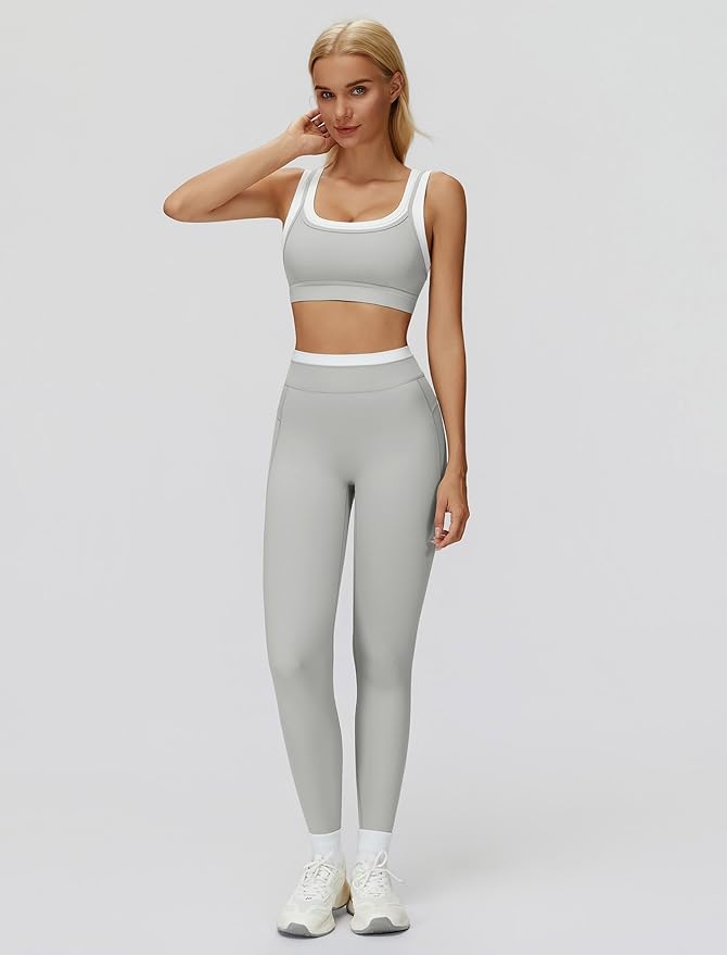 ABOCIW Two Piece Workout Sets for Women Layer Sports Bra Tummy Control High Wait Leggings Gym Yoga Outfits