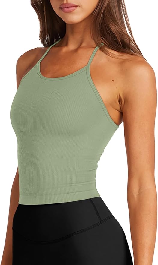 LASLULU Womens Sports Bra Seamless Long Crop Tank Racer Back Spaghetti Strap Workout Yoga Bra Padded Halter Neck Casual Tops