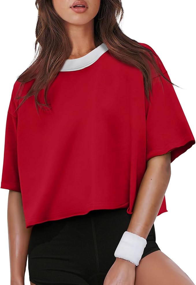 XIEERDUO Cotton Tshirts for Women Drop Shoulder Round Neck Oversized Crop Tops Workout Tops Tees