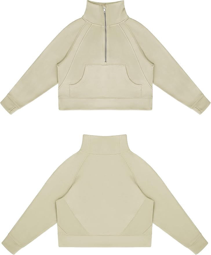 THE GYM PEOPLE Womens' Half Zip Pullover Fleece Stand Collar Crop Sweatshirt with Pockets Thumb Hole