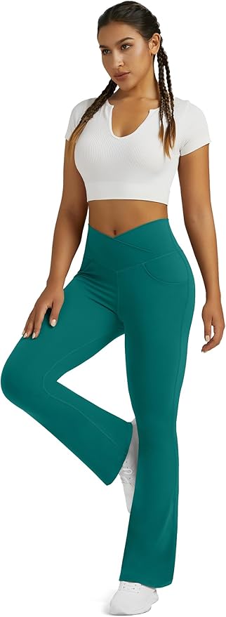 Flare Leggings for Women Yoga Pants with Pockets High Waisted Crossover Flare Leggings Bootcut Casual Yoga Pants