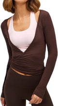 Women Wrap Top Long Sleeve Deep V Neck Cross Tie Workout Ballet Pilates Yoga Shirt