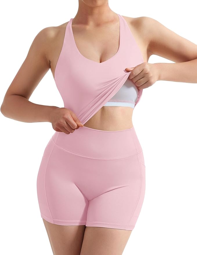 SUUKSESS Women 2 Piece Workout Sets Padded Tank Tops Tummy Control Leggings Gym Outfits
