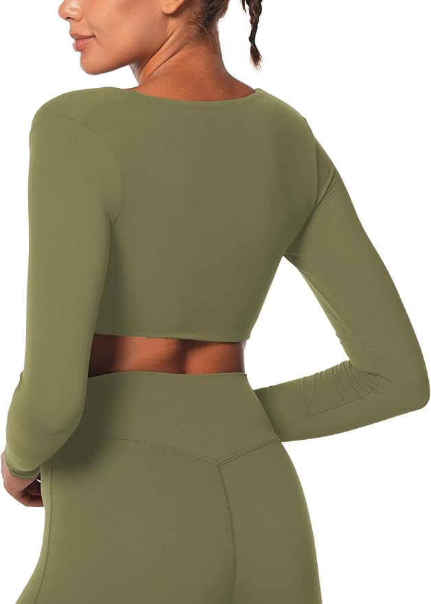 Sunzel Long Sleeve Workout Tops for Women Buttery Soft Deep V Twist Cropped Tops with Compression for Yoga Pilates Gym Outfit