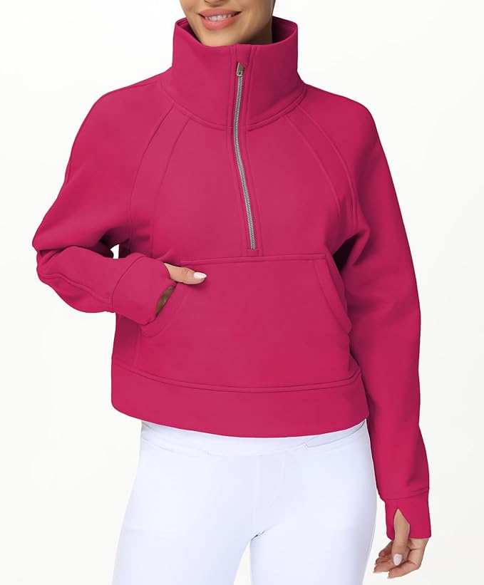 THE GYM PEOPLE Womens' Half Zip Pullover Fleece Stand Collar Crop Sweatshirt with Pockets Thumb Hole