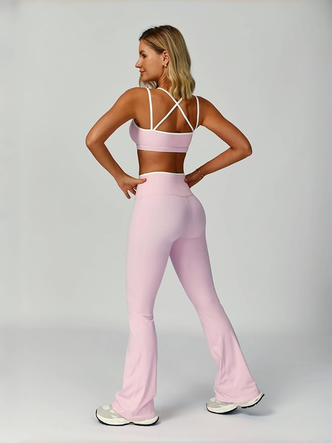 ABOCIW Workout Sets for Women 2 Piece Color Block Strappy Sports Bra High Waist Flare Leggings Gym Yoga Pilates Outfits