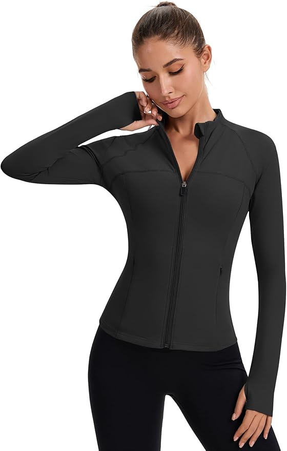 Rapbin Women's Full Zip Workout jackets Runing Slim Fit Athletic Tops With Thumb Holes