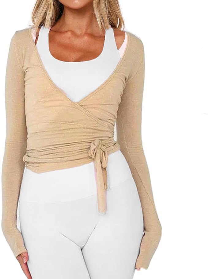 Women Ballet Wrap Top Long Sleeve Self Tie Dance Shirt Pilates Yoga Tops Y2k Workout Active Blouses