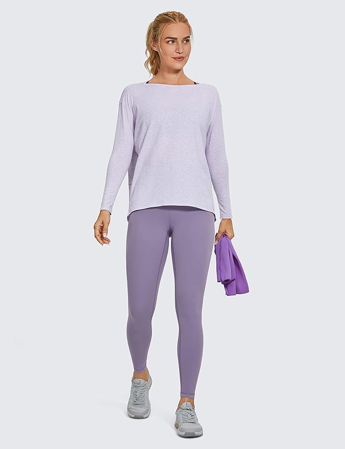 CRZ YOGA Pima Cotton Boat Neck Long Sleeve Shirts for Women - Workout Athletic Yoga Casual Tops Loose Fit Fall T-Shirts