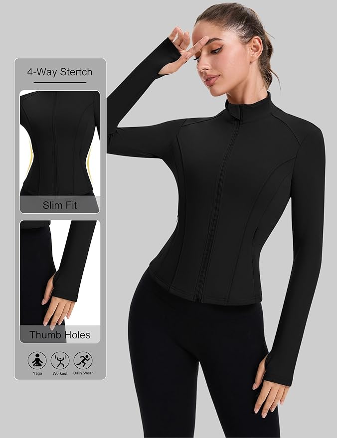 ZHENWEI Workout Jackets for Women Full Zip Up Cropped Athletic Long Sleeve Lightweight Slim Fit Running Tops with Pockets