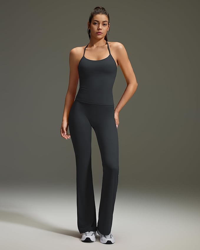 OMKAGI 2 Piece Workout Sets for Women Padded Tank Tops Flare Leggings Pilates Outfits