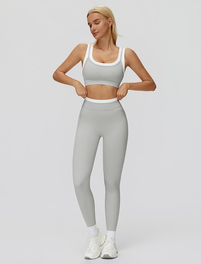 ABOCIW Two Piece Workout Sets for Women Layer Sports Bra Tummy Control High Wait Leggings Gym Yoga Outfits