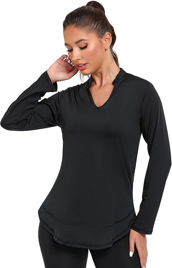 Absttith Women's Long Sleeve Workout Shirts Running Yoga Tops Athletic V Neck Sport Tee Side Split