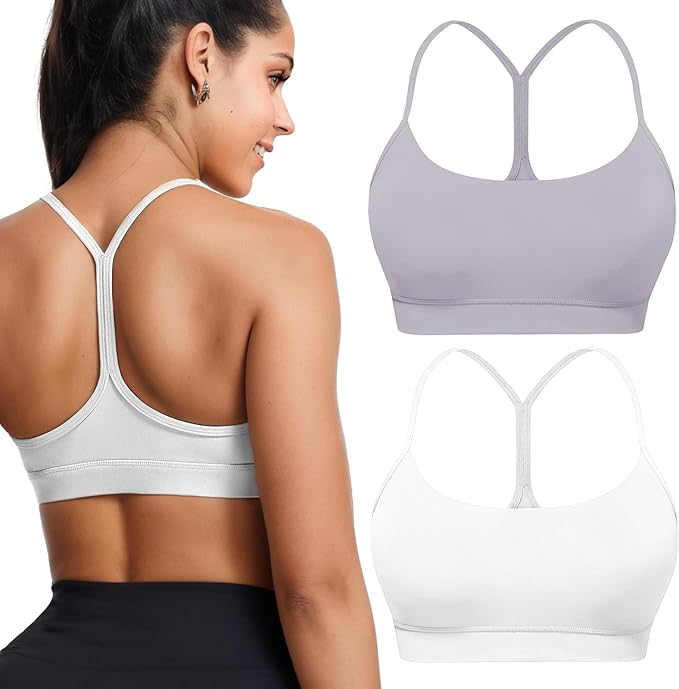 Buauty 2 Packs Y Back Sports Bra for Women, Low Impact Padded Racerback Spaghetti Strap Bras, Workout Yoga Tops