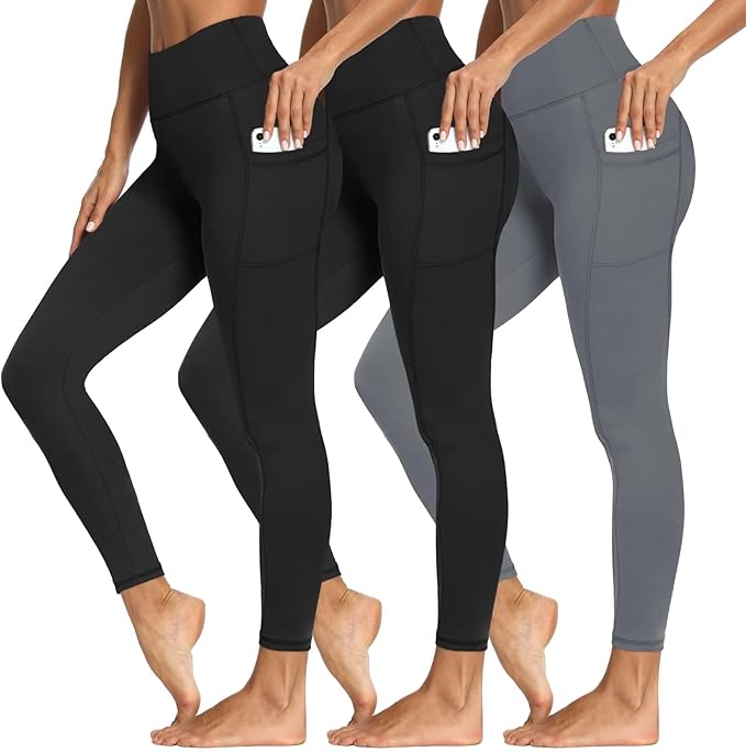 3 Packs Leggings with Pockets for Women, Soft High Waisted Tummy Control Workout Yoga Pants