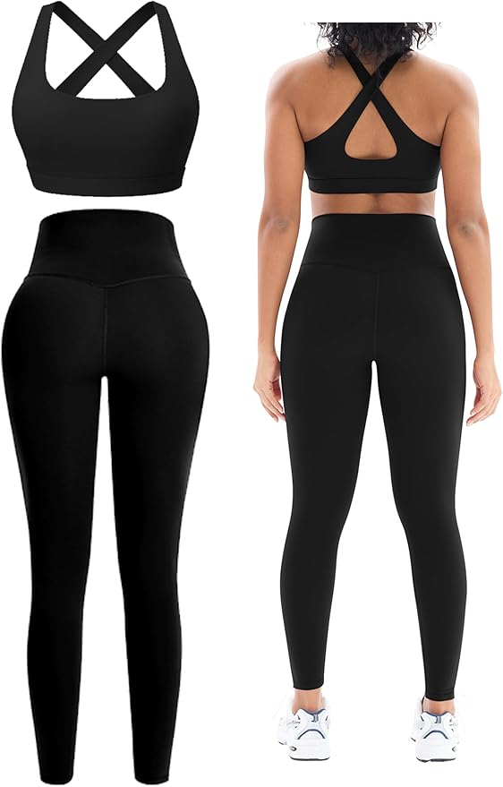 Workout Sets for Women 2 Piece Seamless High-Waisted Leggings & Cross Back Padded Sports Bra for Yoga Pilates
