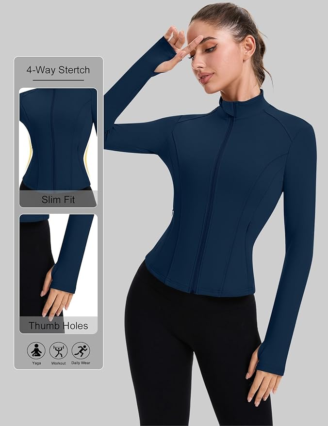 ZHENWEI Workout Jackets for Women Full Zip Up Cropped Athletic Long Sleeve Lightweight Slim Fit Running Tops with Pockets