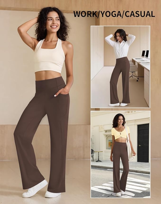 Womens High Waist Yoga Pants Stretchy Casual Trousers Straight Leg Pull On Side Pockets