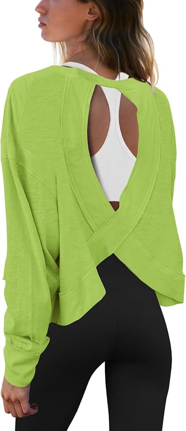 Panadila Womens Open Back Workout Top Long Sleeve Athletic Shirts Casual Crop Running Tee Y2k Yoga