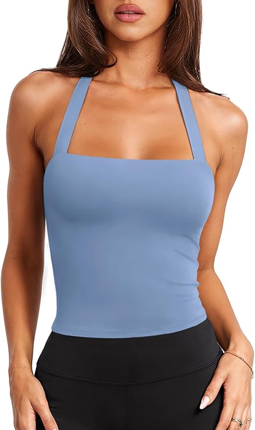 LASLULU Womens Sexy Halter Sports Bra Workout Tops Wirefree Sleeveless Gym Yoga Tank Tops Y2k Casual Crop