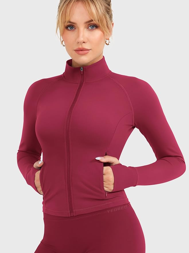 YEOREO Women Full Zip Workout Jacket with Pockets Thumb Hole Long Sleeve Athletic Cropped Jackets Gym Yoga Top