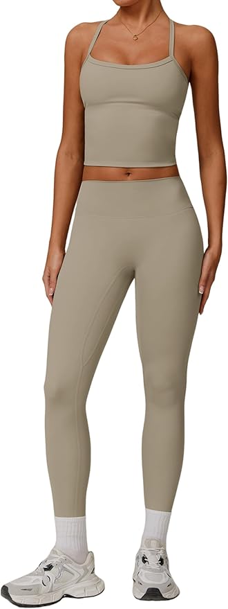 QBGJTD Womens Workout Sets Two Piece Cross Back Tank Top Matching High Waist Leggings Sets Gym Outfits Work Out Clothes