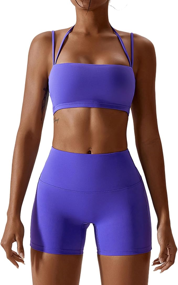 IMEKIS Women's Workout Sets 2 Piece Yoga Outfit High Waisted Biker Shorts Leggings Sports Bra Gym Fitness Clothes Tracksuit