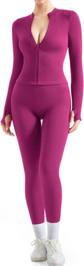 SUUKSESS Women 2 Piece Seamless Ribbed Workout Sets With Zip Up Jacket High Waisted Gym Yoga Leggings