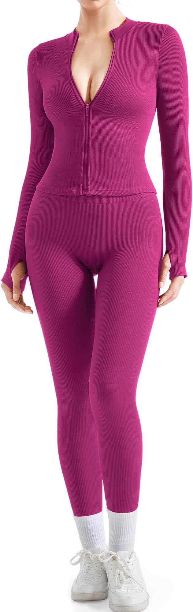 SUUKSESS Women 2 Piece Seamless Ribbed Workout Sets With Zip Up Jacket High Waisted Gym Yoga Leggings