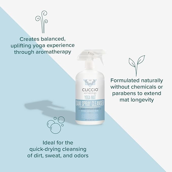 cuccio SOMATOLOGY Yoga Mat Sani Spray Cleaner - Essential Liquid Mat Cleanser Mist - Non Sticky, Quick Drying, Odor, Dirt And Sweat Control - Natural, Chemical Free Equipment Freshener - 32 Fl Oz