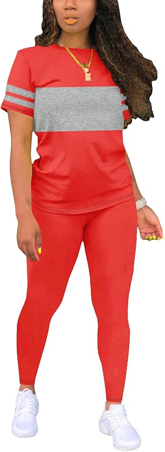 Two Piece Sets for Women Summer Short Sleeve Striped Crewneck Slim Fit Active Casual Sweatsuits