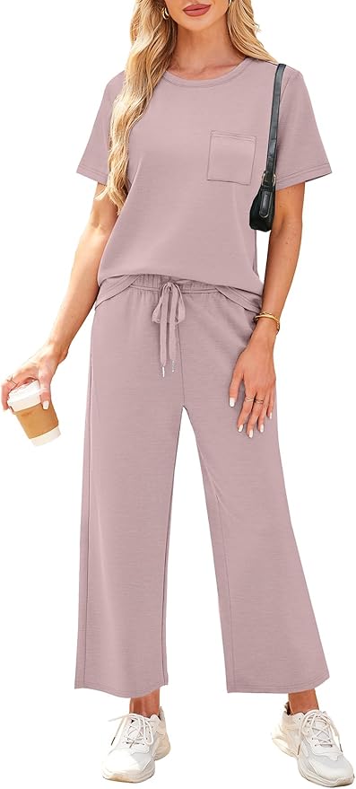 WIHOLL 2 Piece Sets for Women Casual Summer Travel Vacation Outfits Short Sleeve Wide Leg Crop Pants Lounge Sets