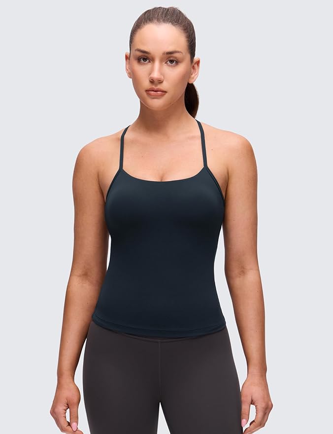 CRZ YOGA Butterluxe Racerback Tank Tops for Women - Scoop Neck Spaghetti Strap Padded Workout Camisole with Built in Bra