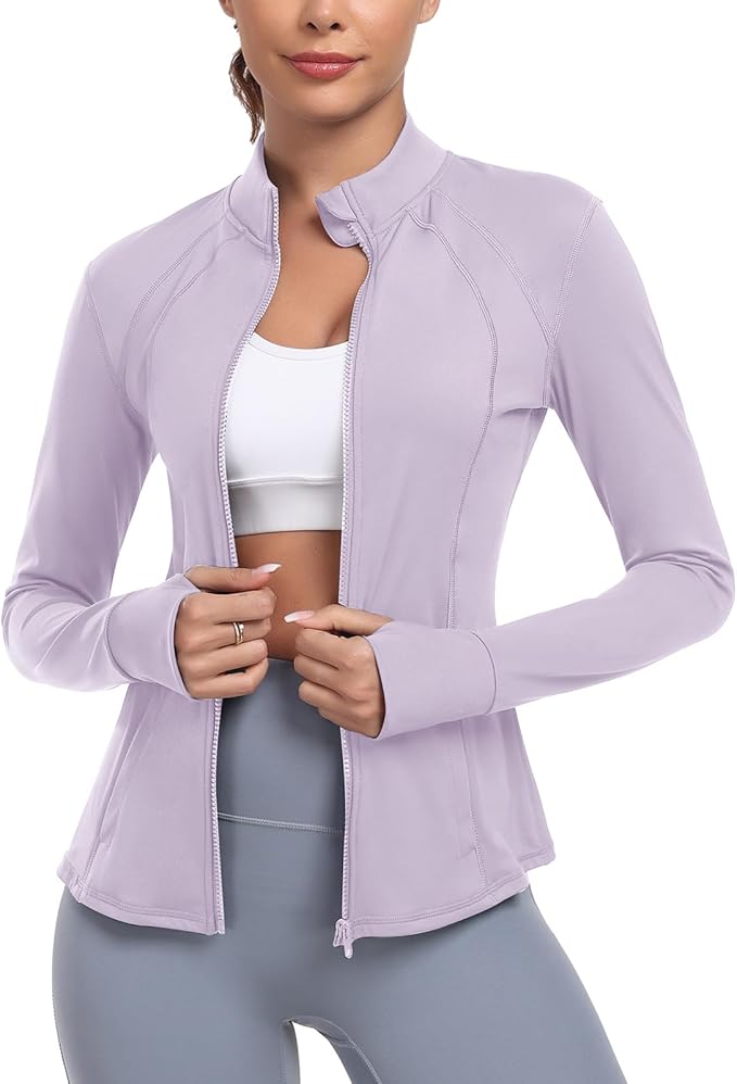 Women's Athletic Full Zip Lightweight Workout Jacket With Pockets Running Yoga Sportwear With Thumb Holes