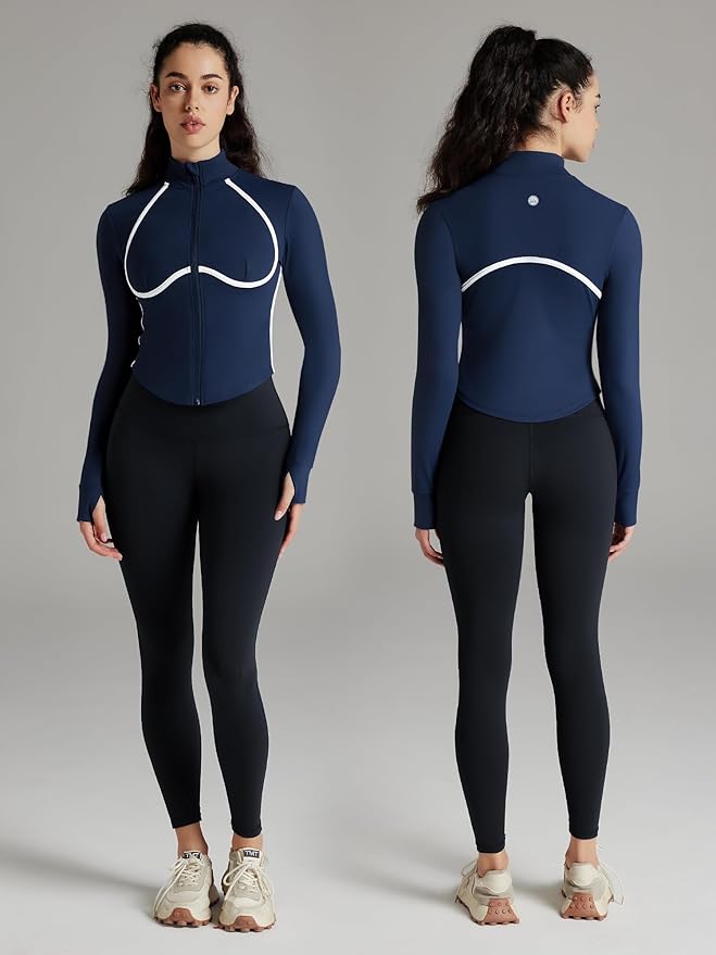 Women Workout Jacket Cropped Contrast Seam Zip Up Athletic Jacket Yoga Sportswear with Thumb Holes