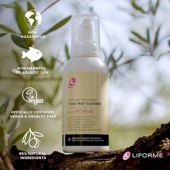 LIFORME Ultimate Everyday Yoga Mat Cleaner, Eco-Friendly, Natural & Organic Yoga Mat Cleaner, Vegan, Safe for all Yoga Mats, No Sticky Or Slimy Residue - Cleans, Restores, Refreshes - 150ml/5oz
