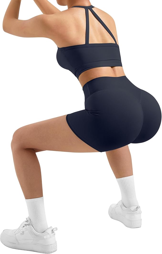 SUUKSESS Women 2 Piece Workout Sets High Waisted Tummy Control Biker Shorts Halter Padded Tank Tops
