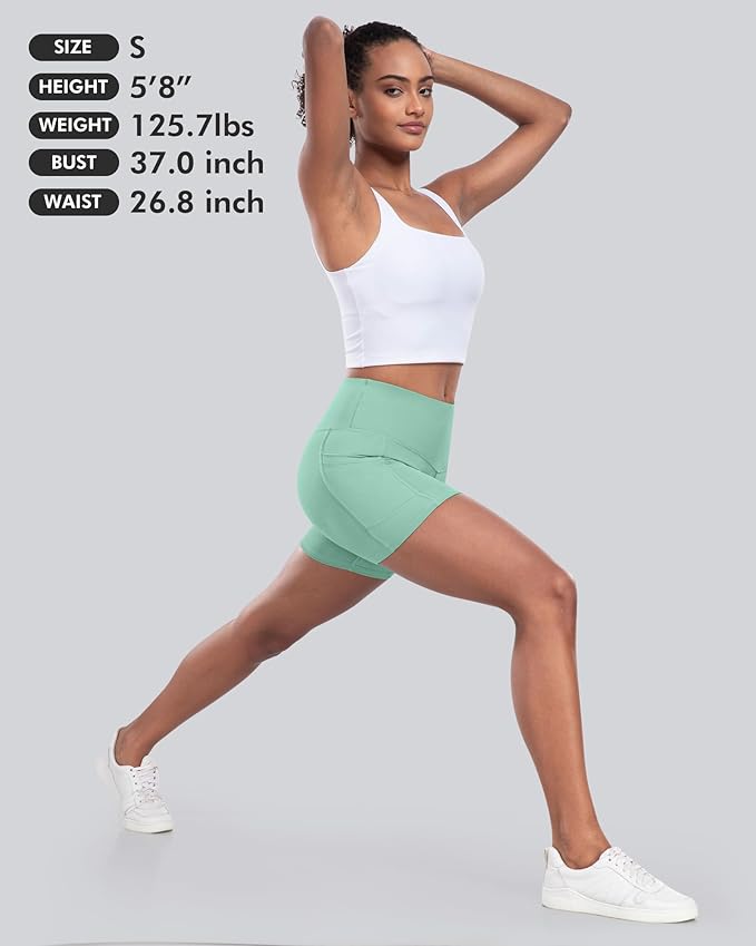 CHRLEISURE Womens Biker Yoga Shorts with Pocket, High Waisted Tummy Control 5 Inch Workout Spandex Athletic Gym Shorts