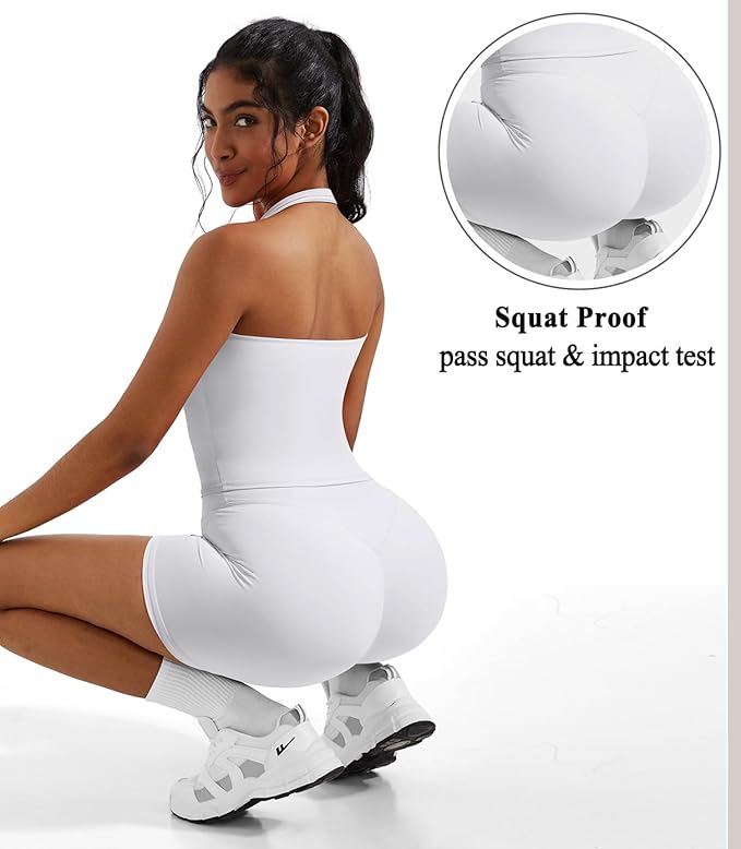 OMKAGI 2 Piece Workout Sets for Women Halter Sports Bra Tank Gym Biker Shorts Outfits