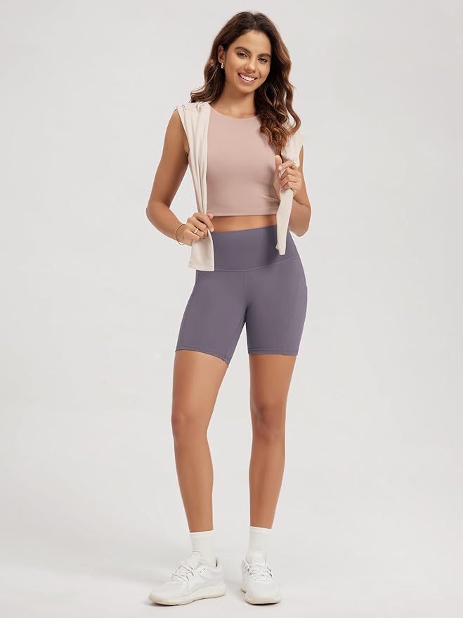 ODODOS Double Layer High Neck Crop Tank for Women Cloud Feeling Sleeveless Casual Yoga Cropped Tops