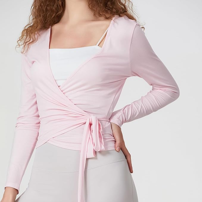 Women Wrap Tie Top Y2k Long SLeeve Ballet Workout Yoga Shirt Coquette Blouses