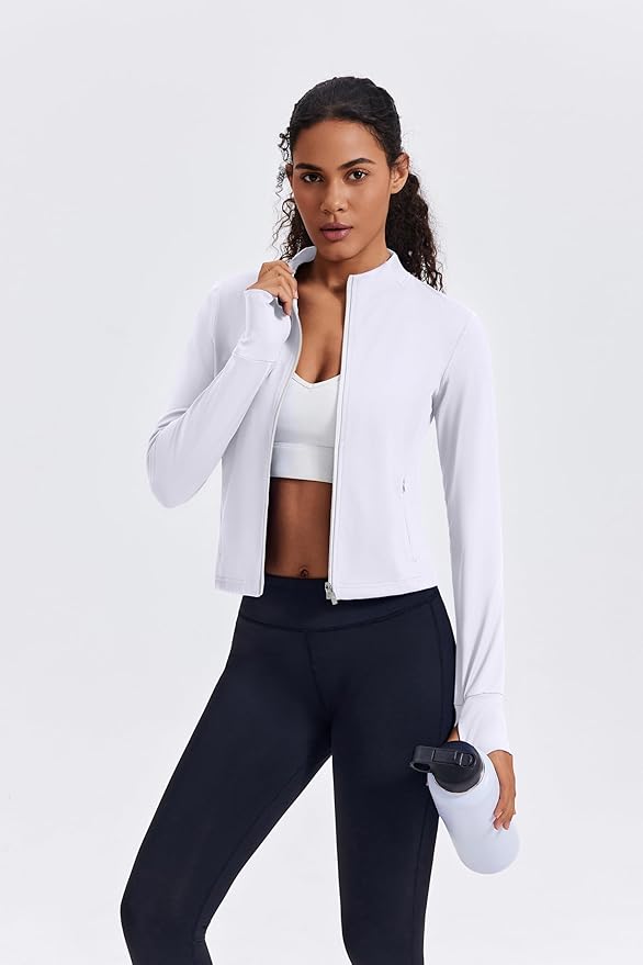 PINSPARK Women Cropped Workout Jackets Full Zip Slim Fit Athletic Jackets Thumb Holes Running Jacket with Zipper Pockets