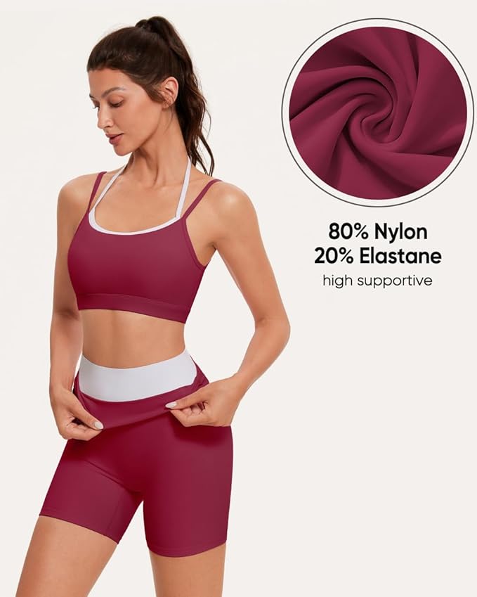 OMKAGI Workout Sets for Women Cute Doubel Layer Open Back Sports Bras Gym Shorts Outfits