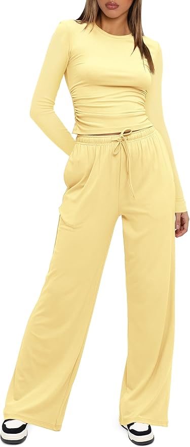 Darong Women's 2 Piece Outfits Lounge Sets 2026 Long Sleeve Tops Wide Leg Pants Casual Matching Set
