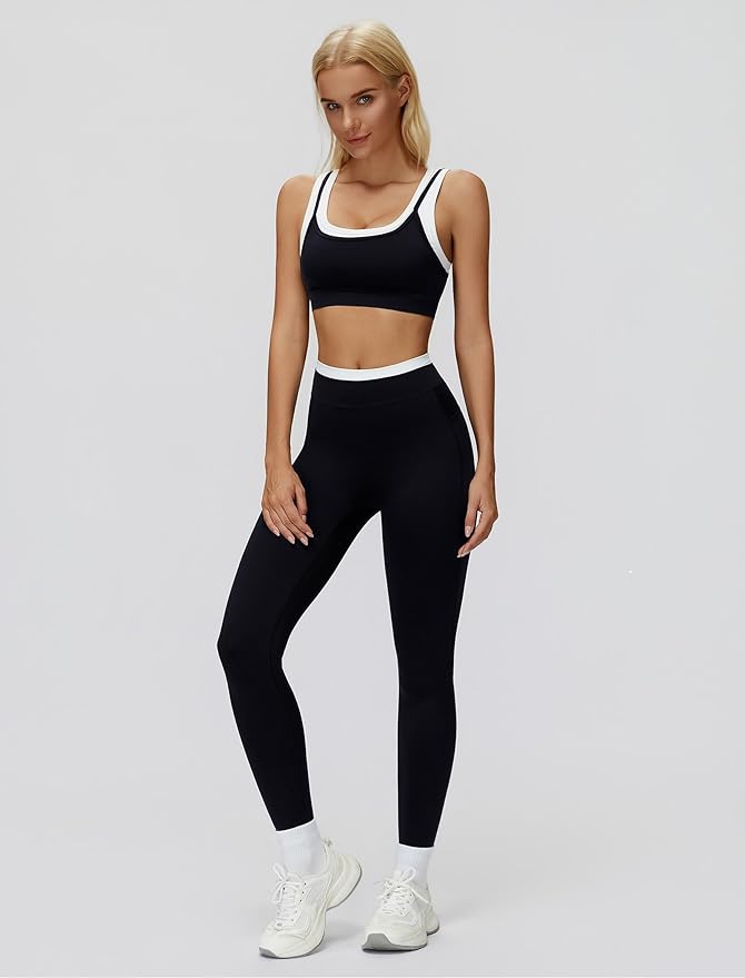 ABOCIW Two Piece Workout Sets for Women Layer Sports Bra Tummy Control High Wait Leggings Gym Yoga Outfits