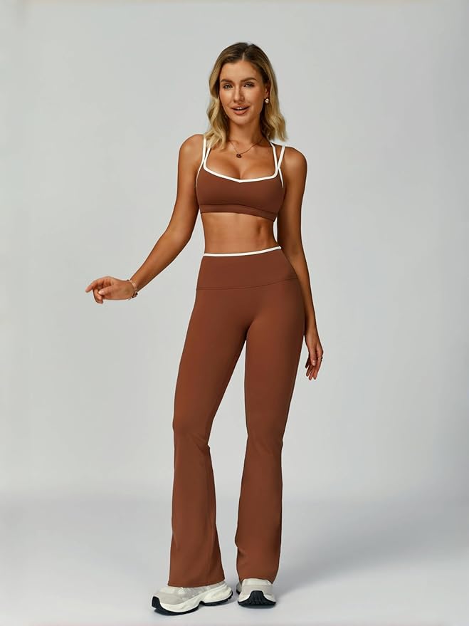 ABOCIW Workout Sets for Women 2 Piece Color Block Strappy Sports Bra High Waist Flare Leggings Gym Yoga Pilates Outfits