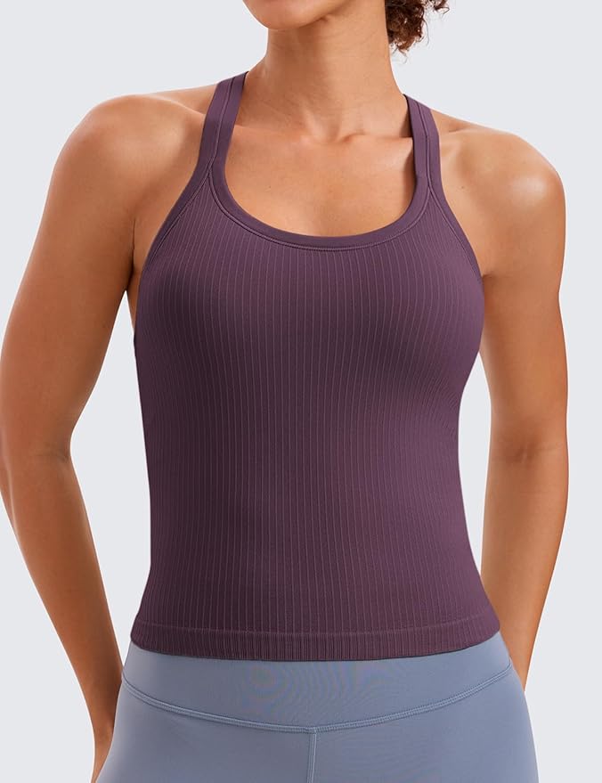 CRZ YOGA Seamless Ribbed Scoop Neck Tank Top for Women - Workout Racerback Padded Athletic Camisole with Built in Bra