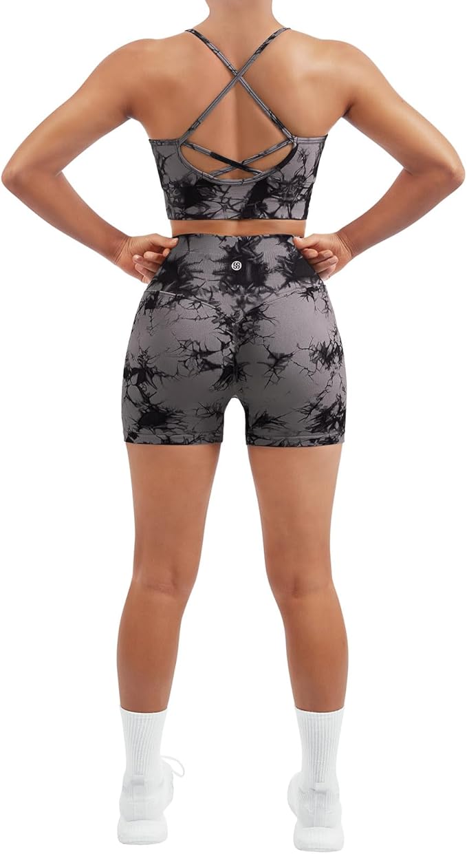 SUUKSESS Women Seamless 2 Piece Workout Sets Criss Cross Sports Bra High Waist Booty Shorts