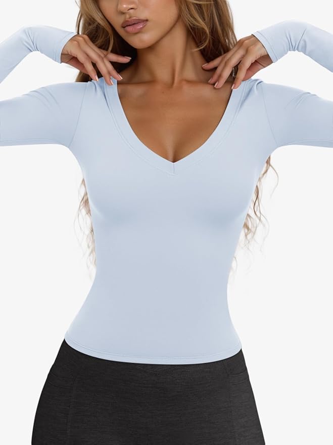 LASLULU Womens Long Sleeve Sexy V Neck T Shirts Basic Workout Tops Athletic Yoga Casual Crop Top